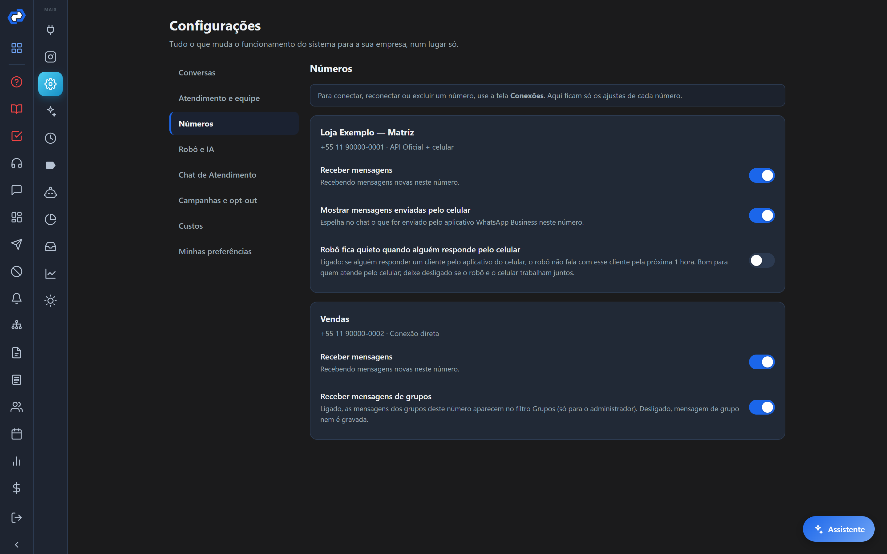 Em Configurações, aba Números: a chave Receber mensagens de grupos aparece no cartão do número da conexão direta.