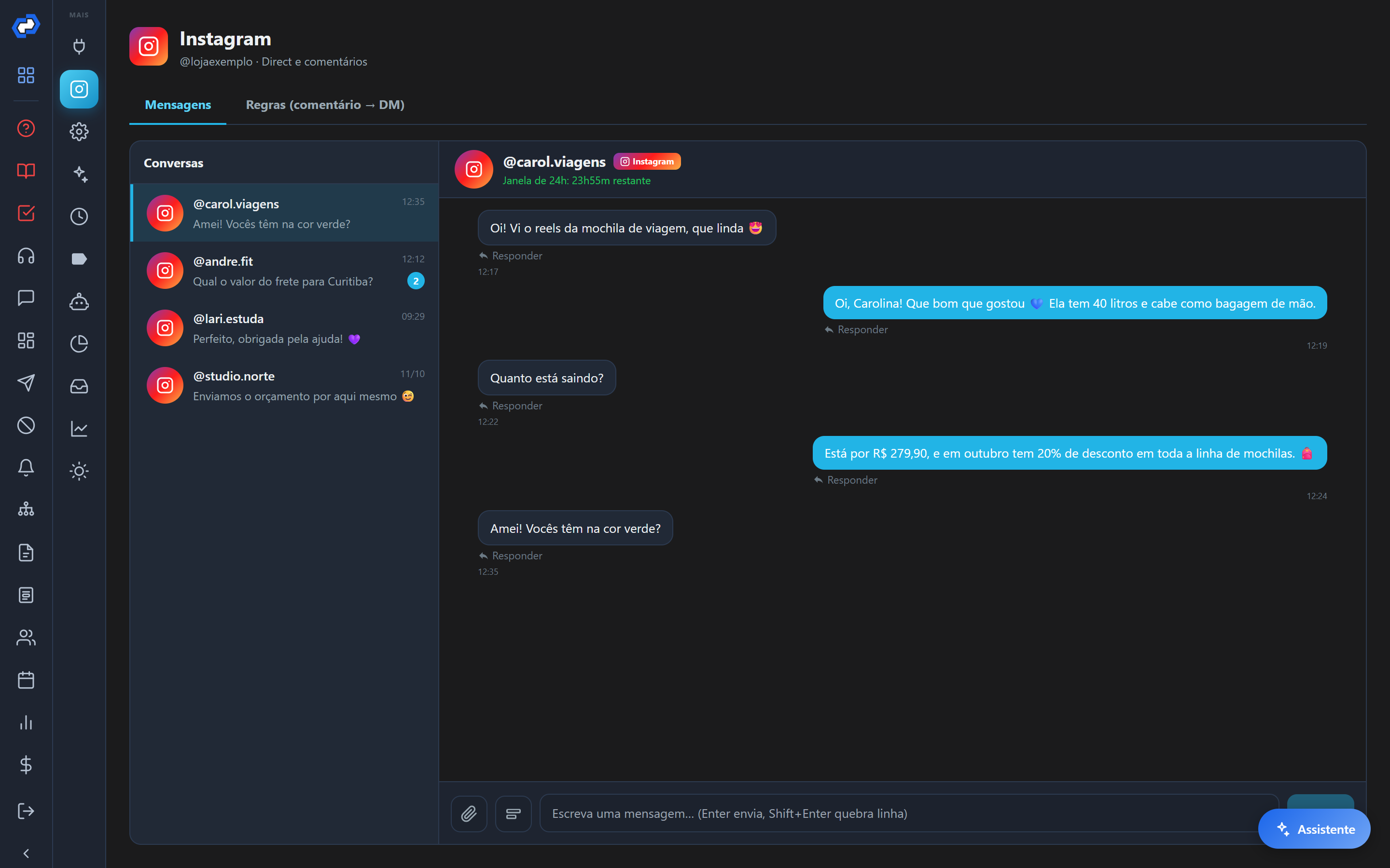 Depois de conectar, a tela Instagram mostra as conversas do Direct na aba Mensagens.