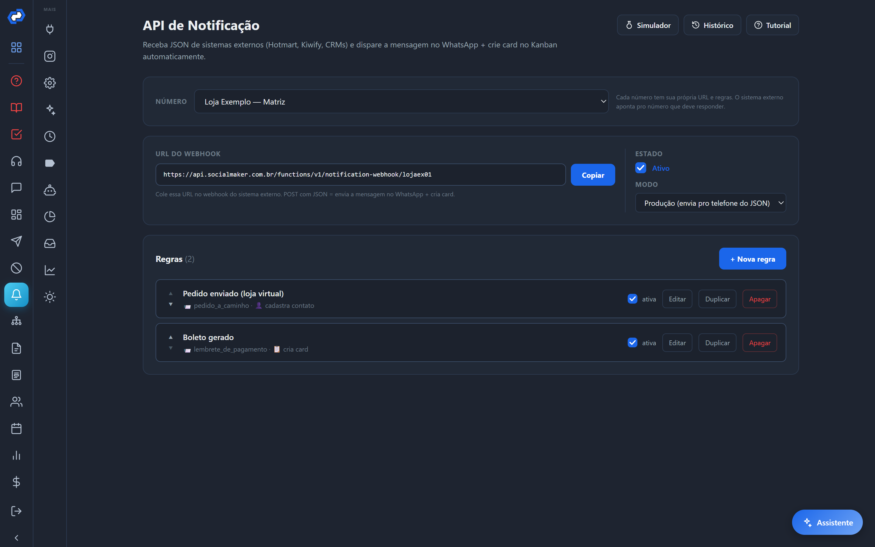 A tela Notificações, que no sistema tem o título API de Notificação: o endereço para onde o seu sistema envia, o Modo (Teste ou Produção) e as regras.