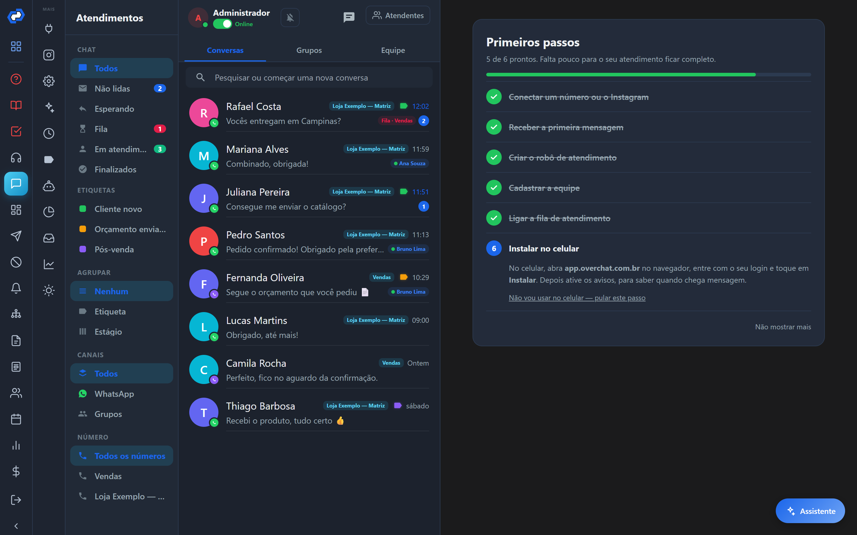 A lista Primeiros passos, no lado direito da tela Conversas. No menu, os três ícones vermelhos são o Tutorial, o Manual e o botão que traz a lista de volta.